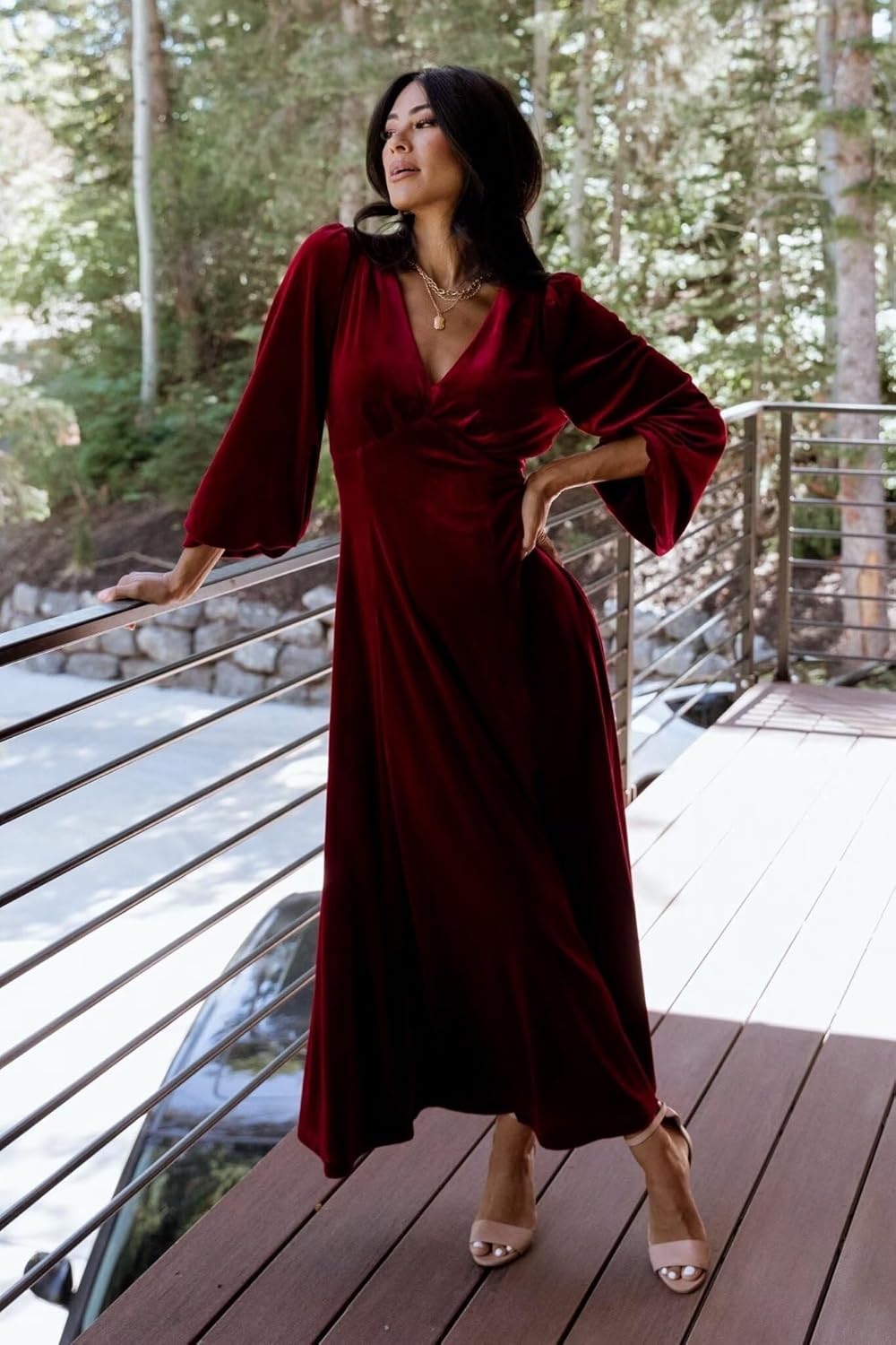 Women's Velvet Maxi Bridesmaid Dresses Long Sleeve V Neck A Line Formal Wedding Guest Gown