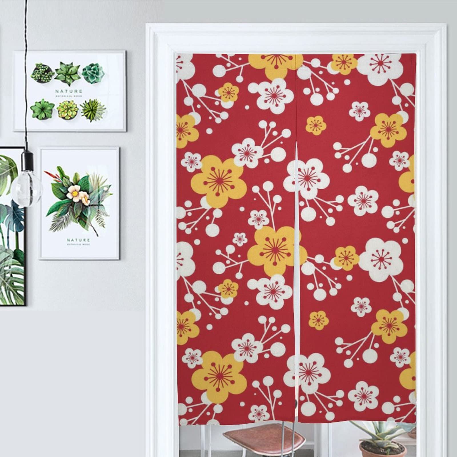 Amazon｜のれん カラフルな花 花柄 赤い背景 【麻 86x143cm 部屋の飾り