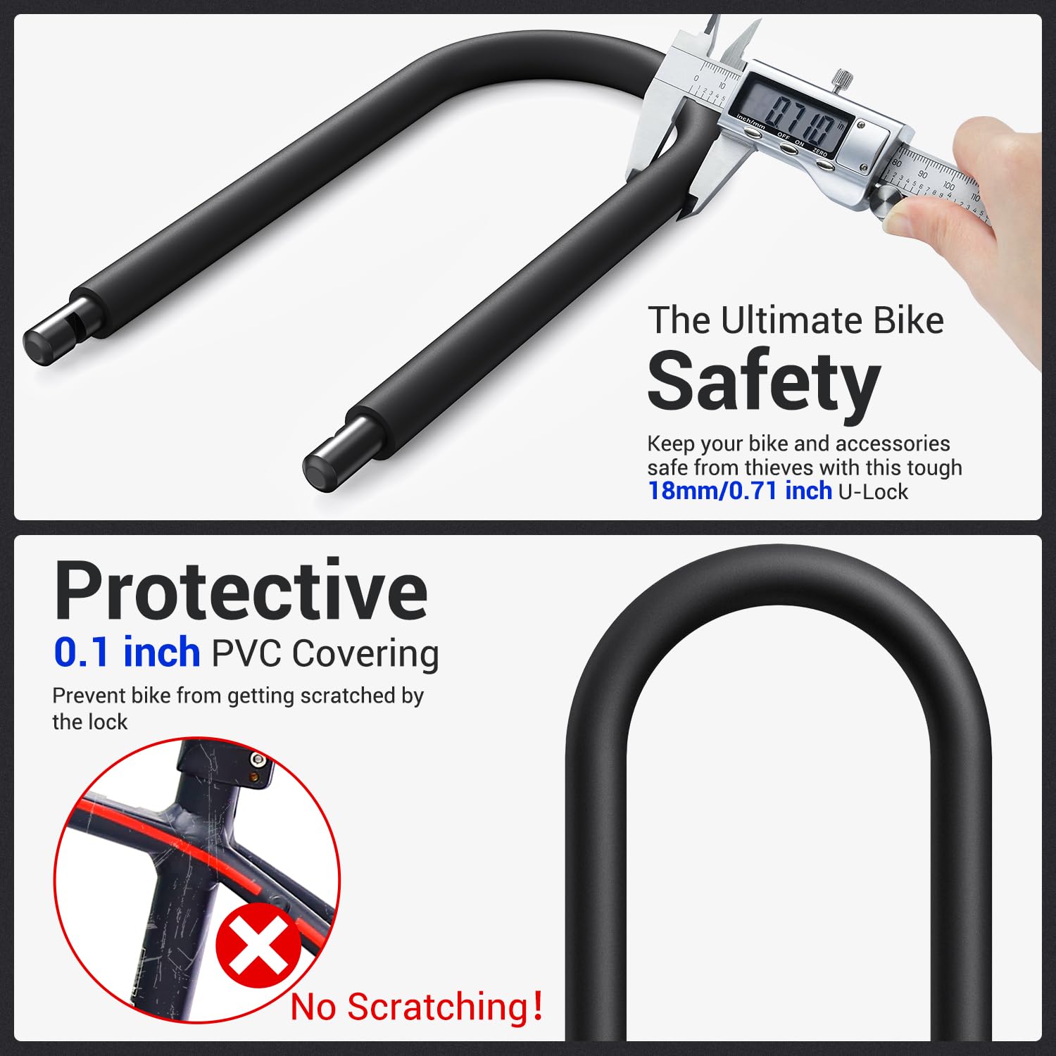 Sportneer Lucchetto a U per bicicletta, 18 mm, resistente, con cavo in acciaio ad alta sicurezza da 1,8 m, staffa di montaggio regolabile e serratura antifurto per biciclette, e-bike, moto, scooter
