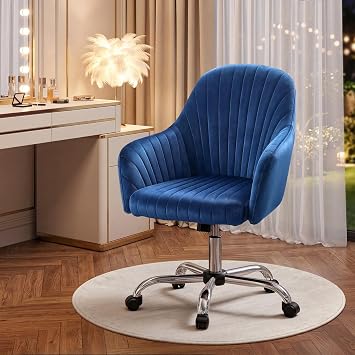 Warmiehomy Office Chair, Velvet Desk Chair for Women, Comfy Vanity Chair with Wheels, Home Computer Chair with Arm Rest for Bedroom, Royal Blue