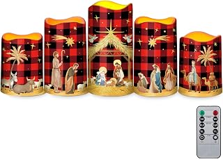 5 Pcs Buffalo Plaid Nativity Scene Candles Flameless Christmas LED Pillar Jesus Religion Candles Battery Operated with Timer Remote for Xmas Christian Holiday Table Home Decor Church Party