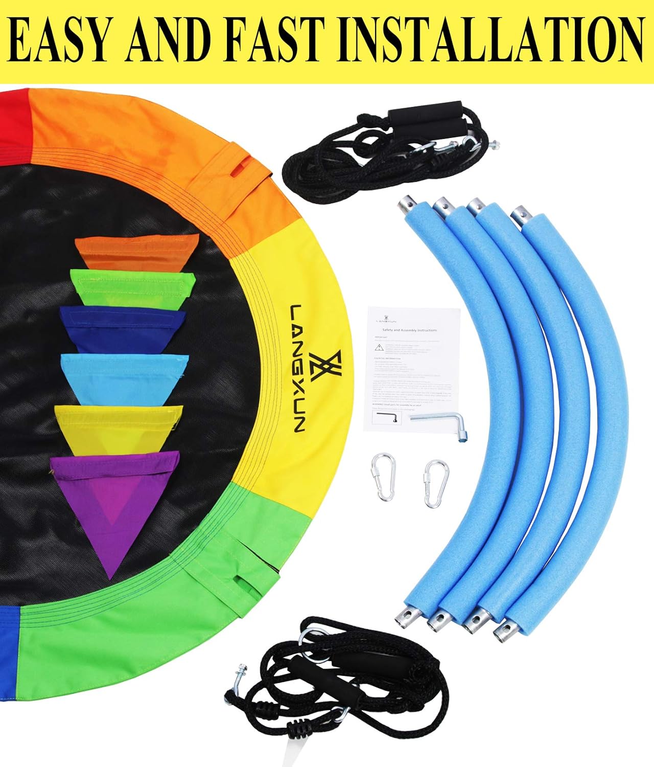 LANGXUN 40 Inch Rainbow Saucer Tree Swing for Kids and Adults, with Carabiners and Flags, 700 lb Weight Capacity, Steel Frame, Waterproof, Outdoor Swing Sets for Backyard