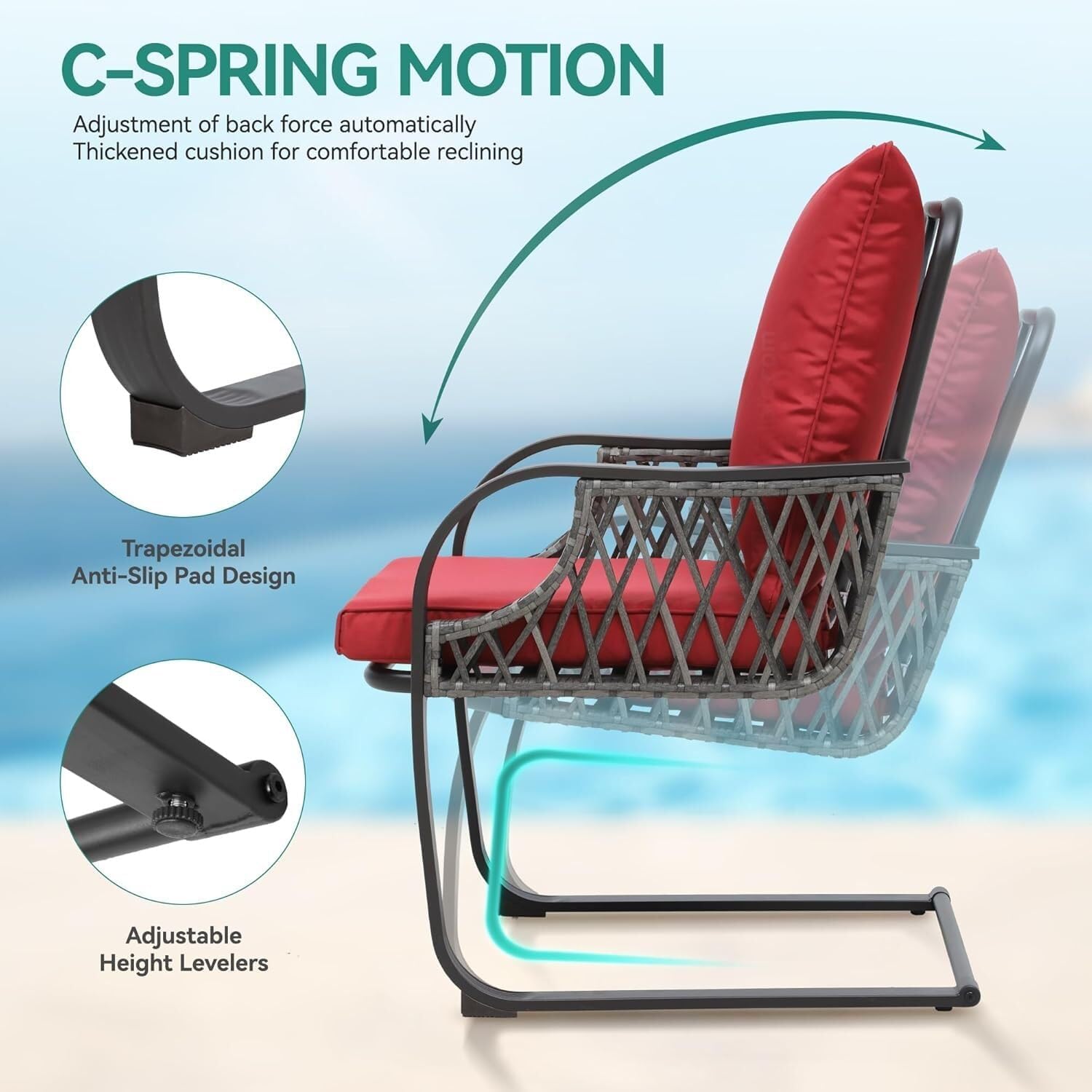 3-Piece Outdoor C-Spring Motion Bistro Set - Red Wicker Rocking Chairs with Thick Cushions & Glass Side Table - 350lbs Capacity
