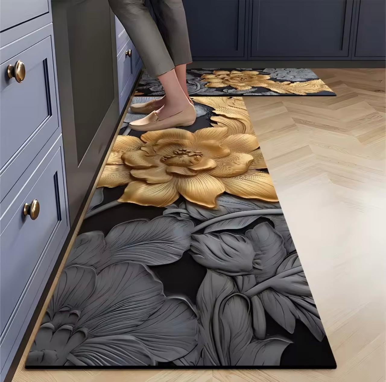 Whixant Kitchen Mat [2 PCS] Cushioned Anti-Fatigue Non-Skid Waterproof Rugs, Ergonomic Comfort Standing Mat for Kitchen, Floor, Office, Sink, Laundry - (120 * 40 cm, 40 * 60 cm) (Black Flower) (B0DGD5TDQ8) Amazon Price History, Amazon Price Tracker
