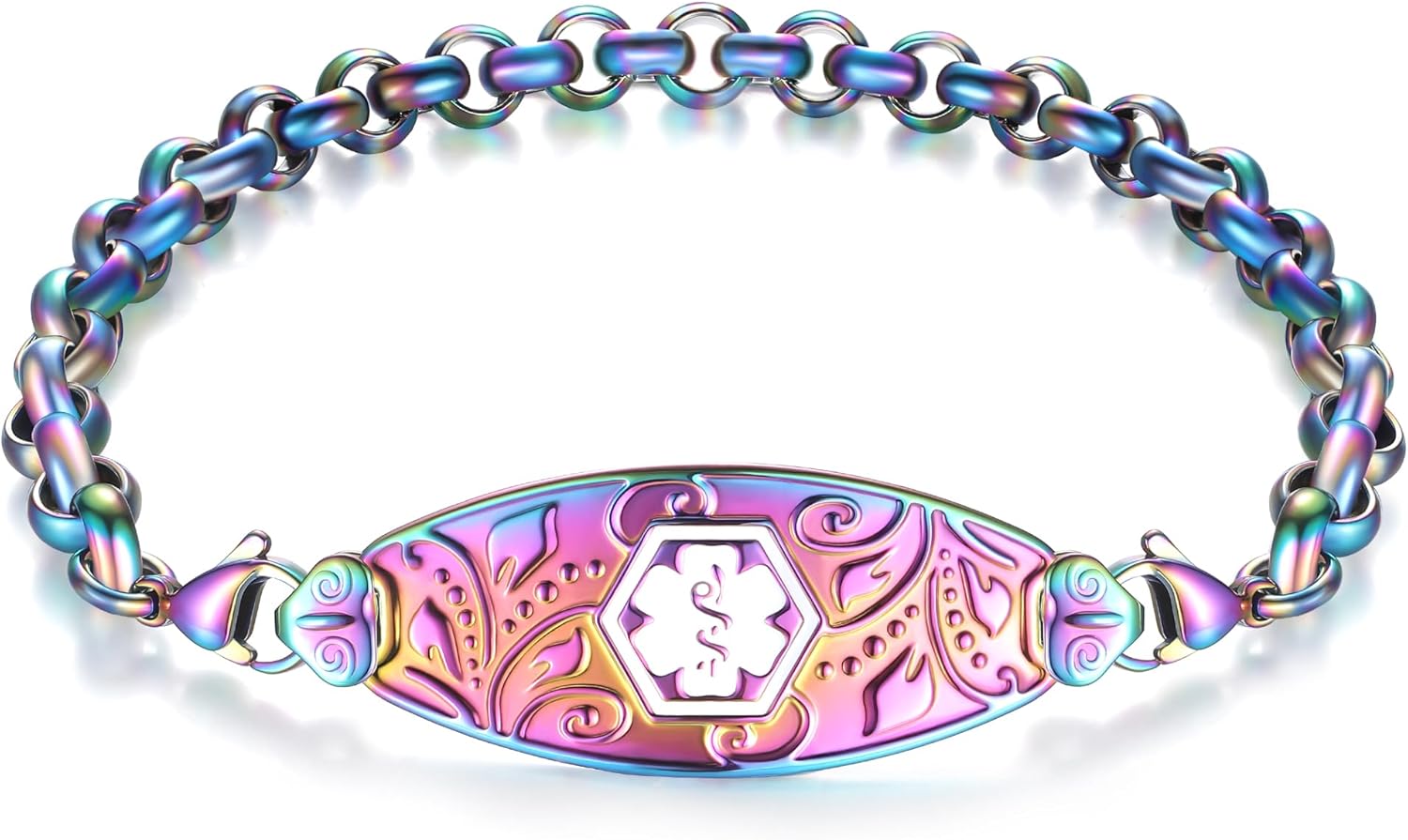 Divoti Custom Engraved Medical Alert ID Bracelets for Women | Filigree Medical ID Bracelet with Caduceus | 4-Line Personalized Emergency ID |Stainless Steel Rolo Chain