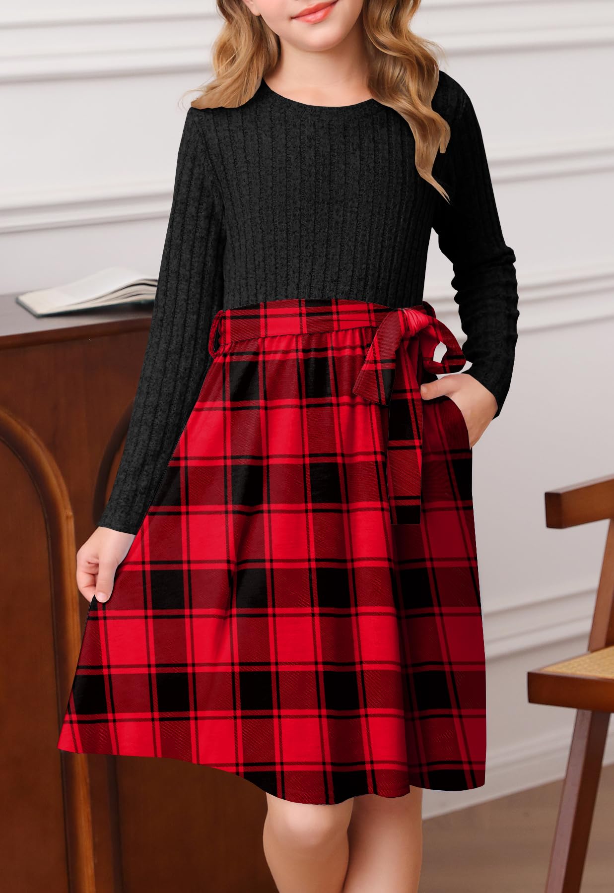 YOVION Langärmeliges Kleid für Mädchen, A-Linie, Swing, Urlaub, lässig, Strickkleider mit Gürtel, für 6–12 Jahre