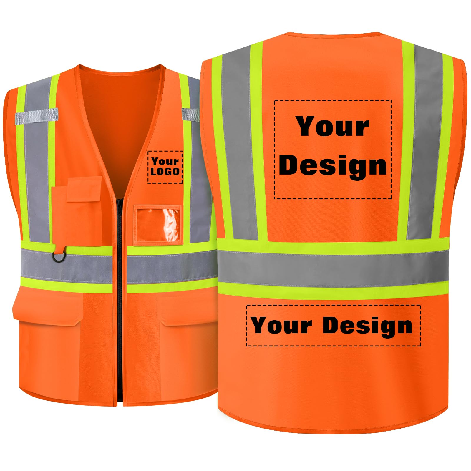 evershare Safety Vest Customize Logo with 5 Pockets & Zipper Reflective High Visibility Vest Class 2 Outdoor Workwear