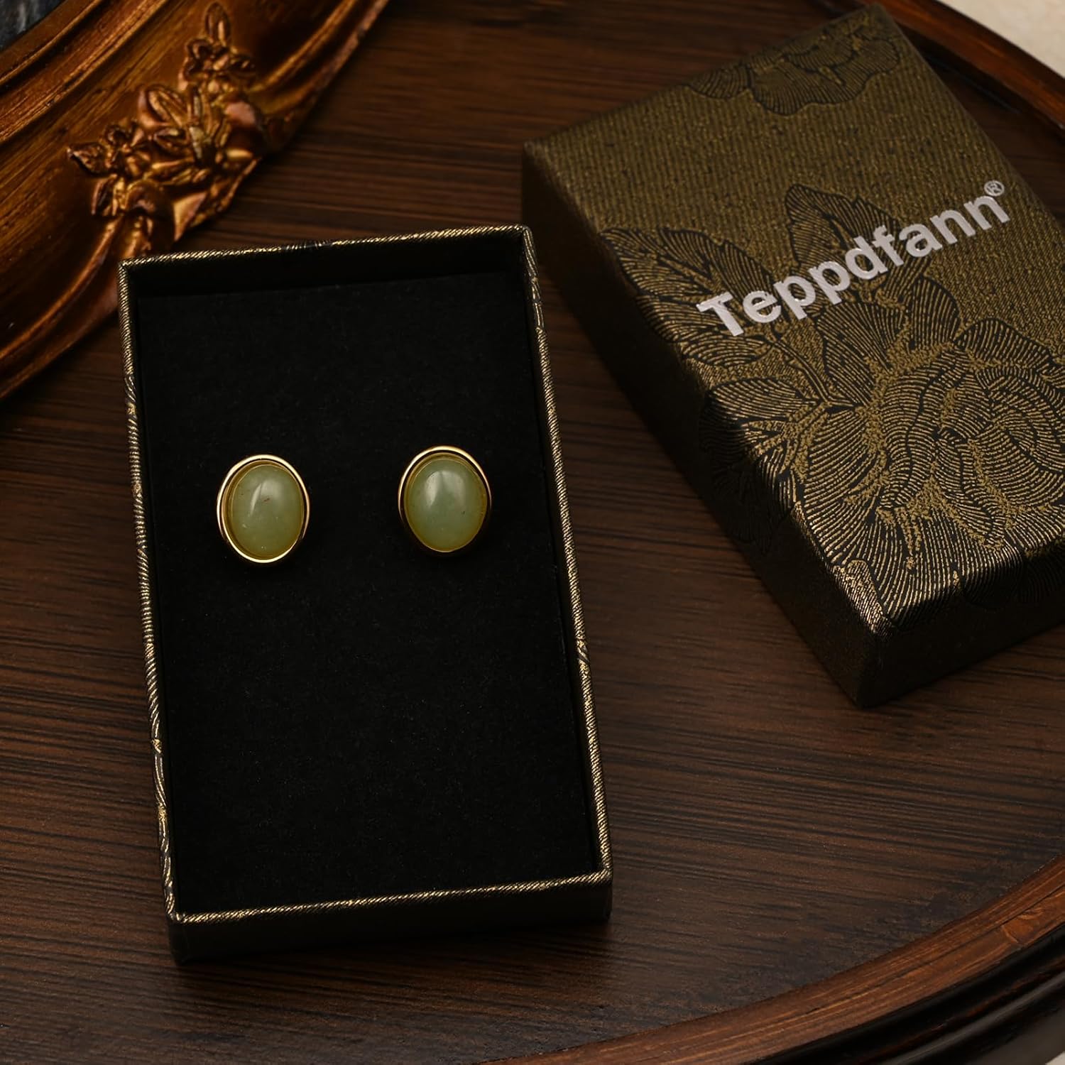 14K Gold Plated Edged Jade Stud Earrings Light Green Oval Jade Earrings for Women Jade Jewelry for Valentines Day Birthday Anniversary Gifts - Image 7