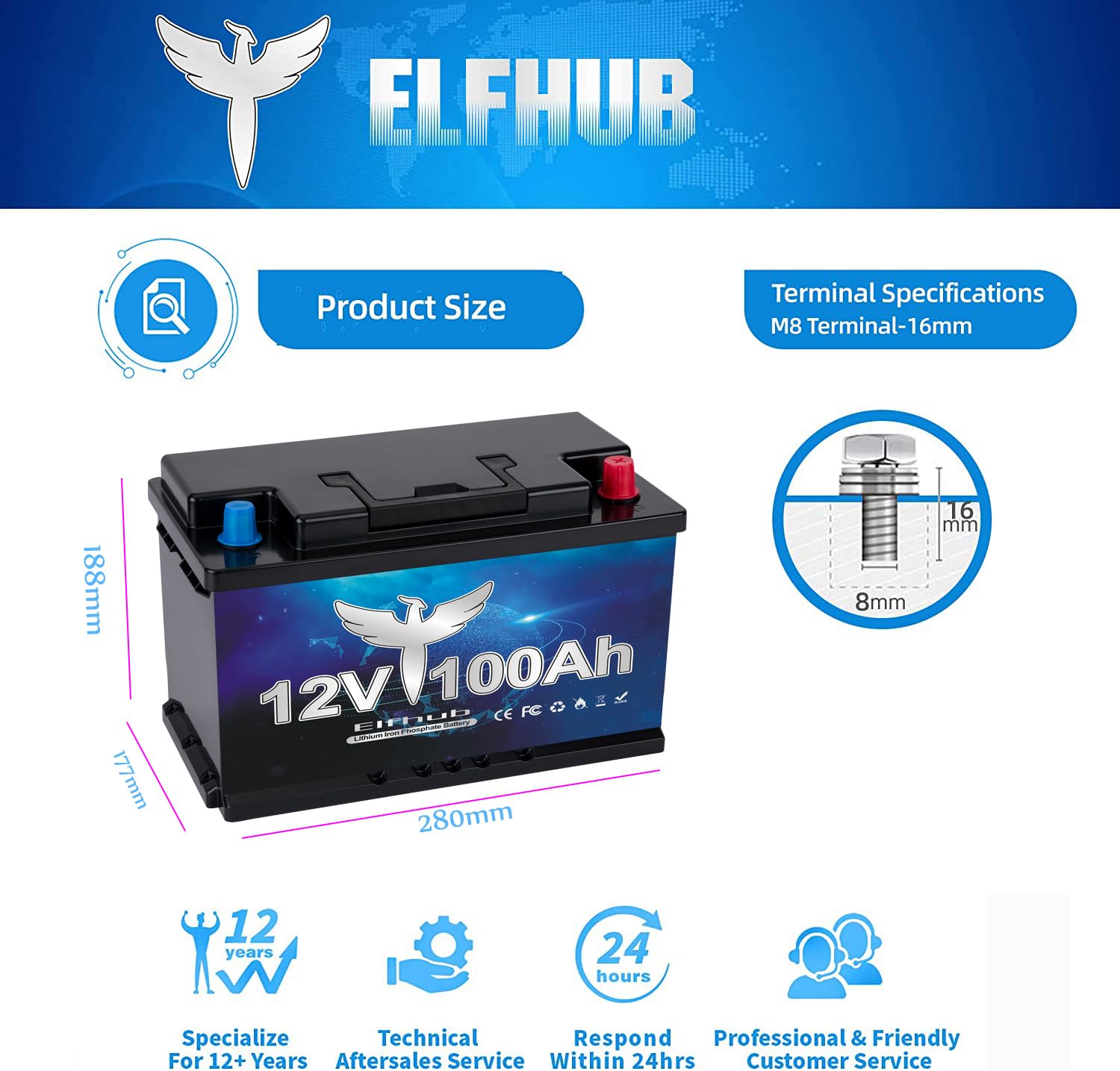 LiFePO4 12V 100Ah, akumulator samochodowy Elfhub Maks. moc wyjściowa 1280Wh Wbudowany 100A BMS, bateria litowa 4000-15000 cykli, idealny do kamperów, systemów solarnych, morskich, lądowych, off-grid