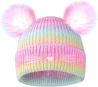 Kids Cat Embroidery Knitted Beanie with Pom Pom, Winter Beanies Hats Warm Ski Cap for Toddler Girls