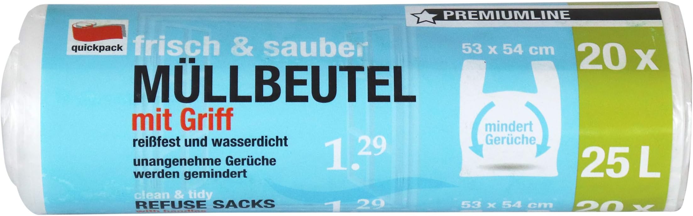 Unbekannt Quickpack Bin Liners 25 L with Handle 852502 Organic Bin Liners, HDPE Polyethylene, White, 53 x 54, 20 Pieces/Roll