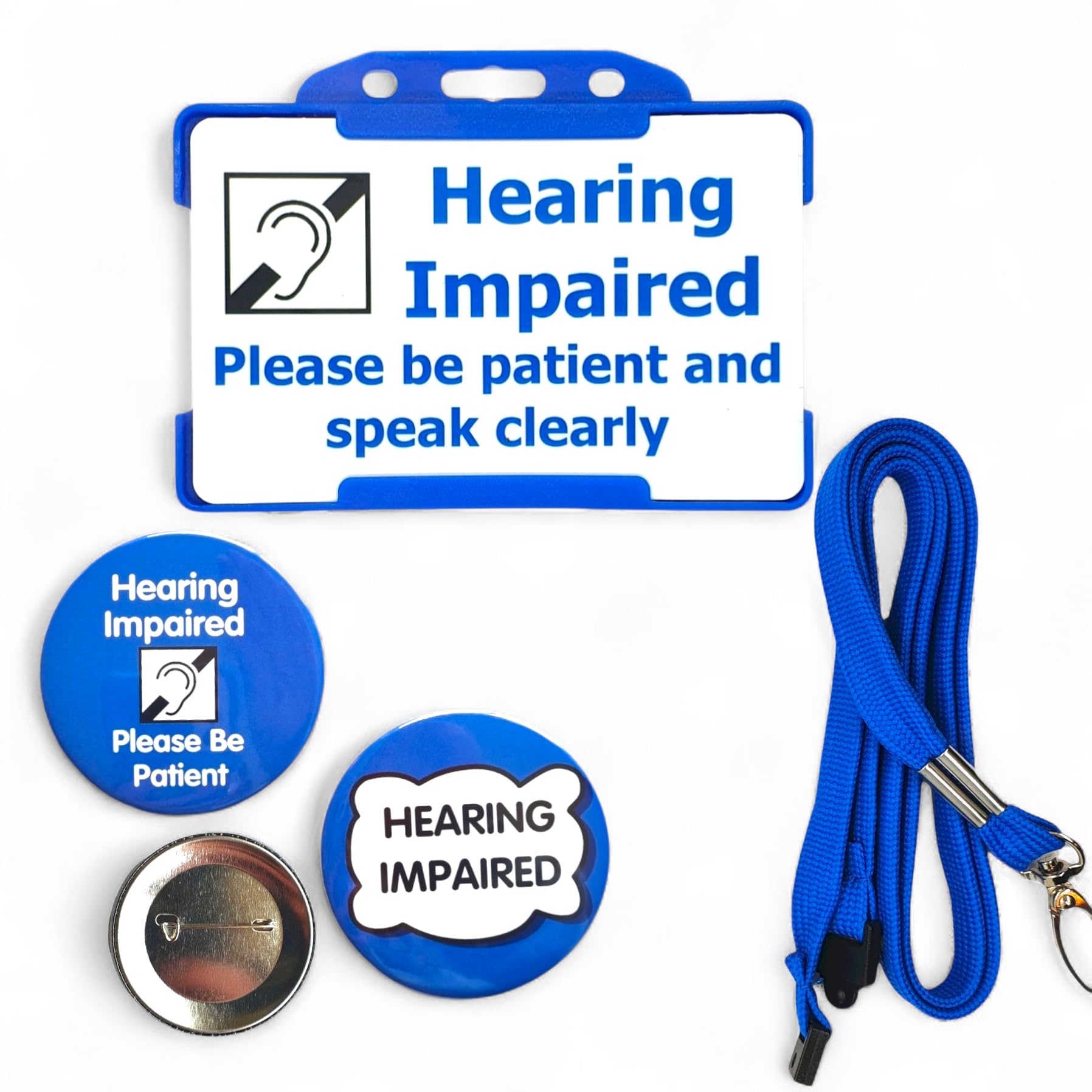 Hearing Impaired Medical Alert Set, Card with Breakaway Lanyard & ID Badge Holder, 2 Large 59mm Blue Button Badges