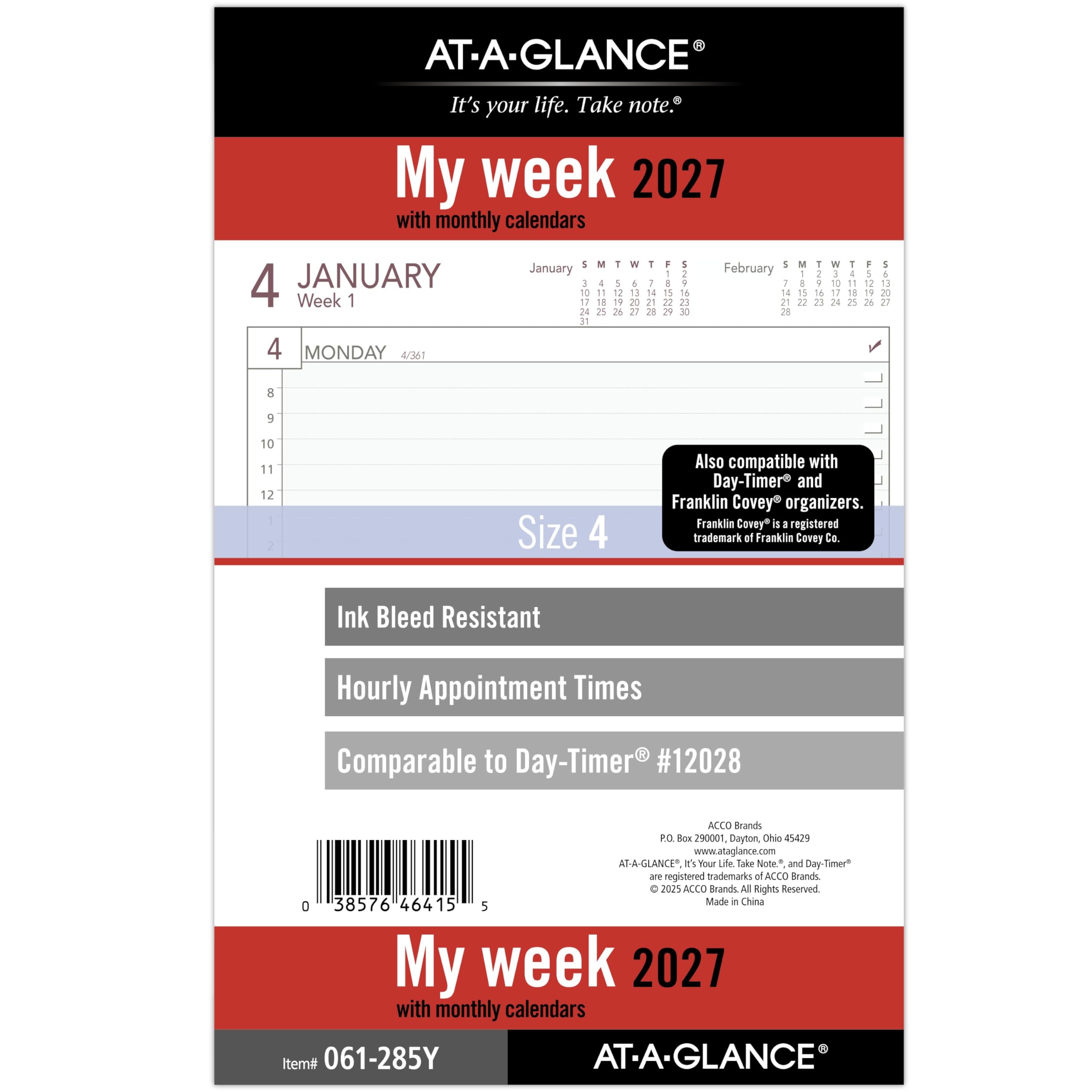 AT-A-GLANCE 2027 Planner Refill, Weekly, 5.5" x 8.5", Desk Size 4, 7-Ring Loose-Leaf (061-285Y-27)