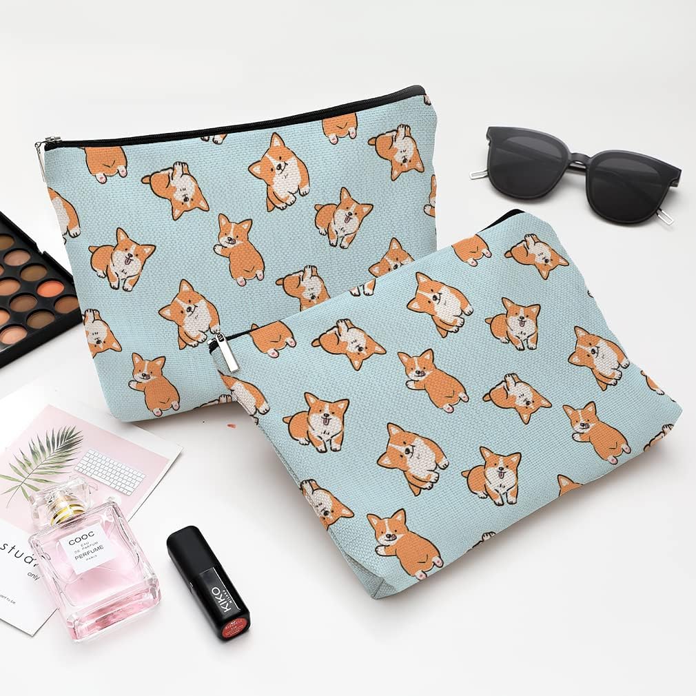 Cute Makeup Bag for Purse Canvas Waterproof Funny Cosmetic Bags for Women Zipper Travel Toiletry Pouch-Corgi Makeup Bags image 5