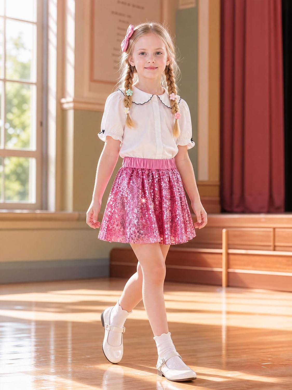 5-16Y Girls Sequin Skirt Sparkly A-Line Tutu Skirt Elastic High Waist Party Skirt for Birthday Performance Daily Wear