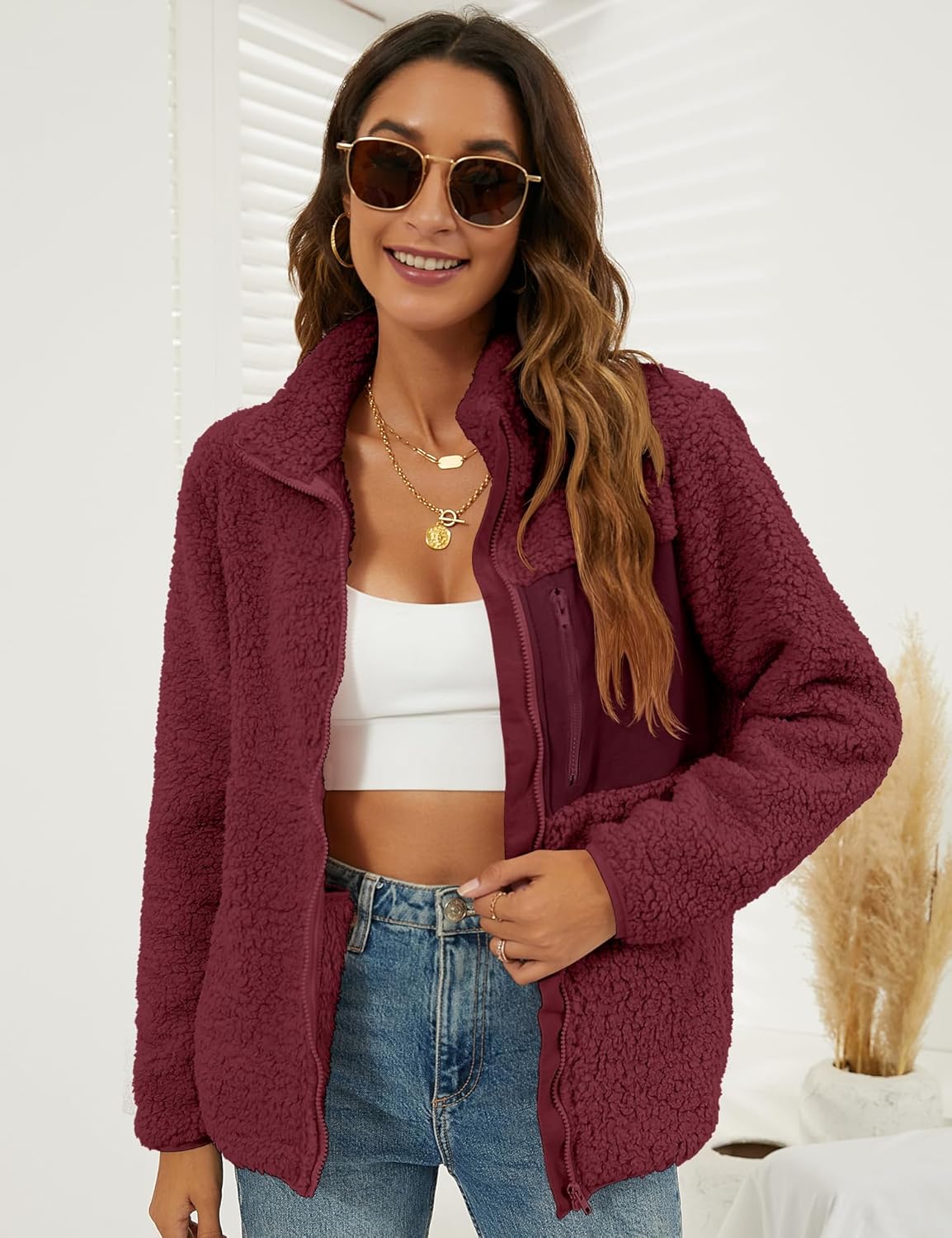 VVK Women's Fashion Faux Shearling Shaggy Full Zip Coats Warm Winter Patchwork Jackets with Pocket - Image 4