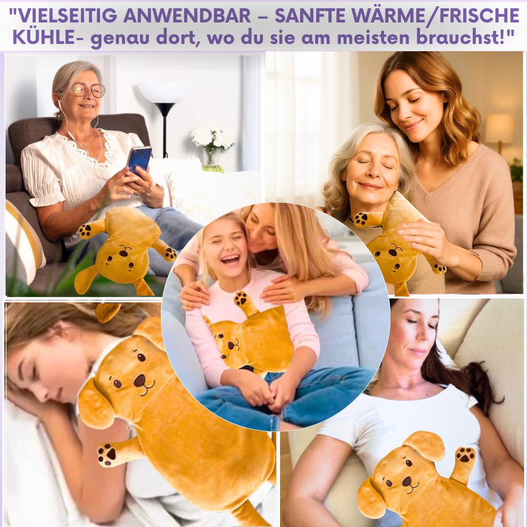 Cojín de granos, cómodo cojín térmico, apto para microondas, funda lavable, diseño de gato animal ideal para tensiones y calambres, regalo para mujeres, niñas y niños (marrón perro)