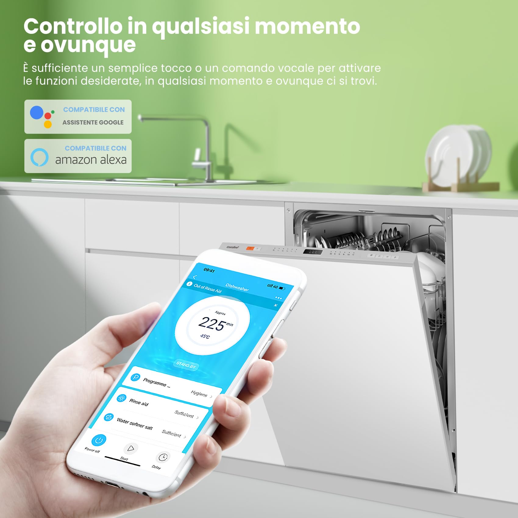 COMFEE Lavastoviglie da Incasso 45 cm 10 Coperti 8 Programmi Wifi Inox | 72℃ Hygiene Wash, Cloud Wash, Mezzo Carico, Asciugatura Extra, Sistemi rack flessibili, Avvio Ritardato, WiFi Home Connect