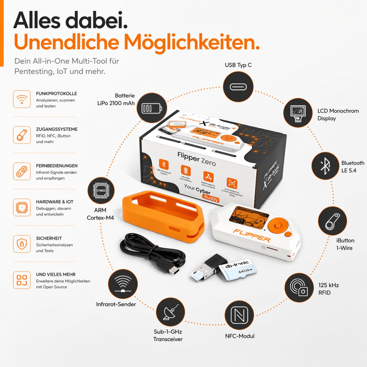 Flipper Zero Protective Set | Flipper Zero | Silikonhülle | USB-C Kabel | 64GB Speicherkarte - Elektronisches All-in-One-Tool: Sub-GHz, RFID, NFC, Funksteuerung, Infrarot, Open-Source & Anpassbar