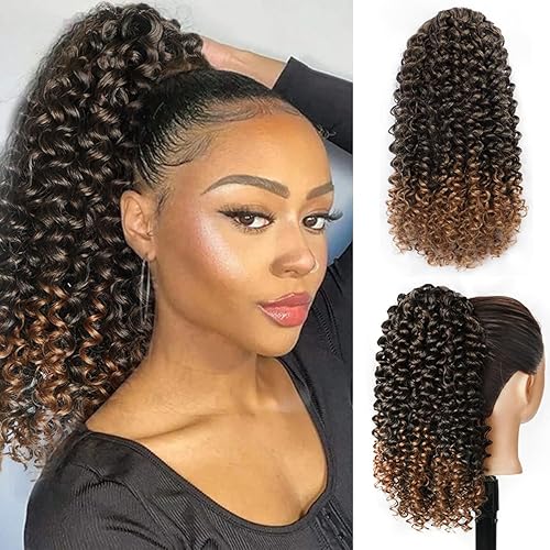 Halcyon Extensión de cola de caballo rizada para mujeres negras, extensiones de cabello rizado con cordón, mezcla de color marrón