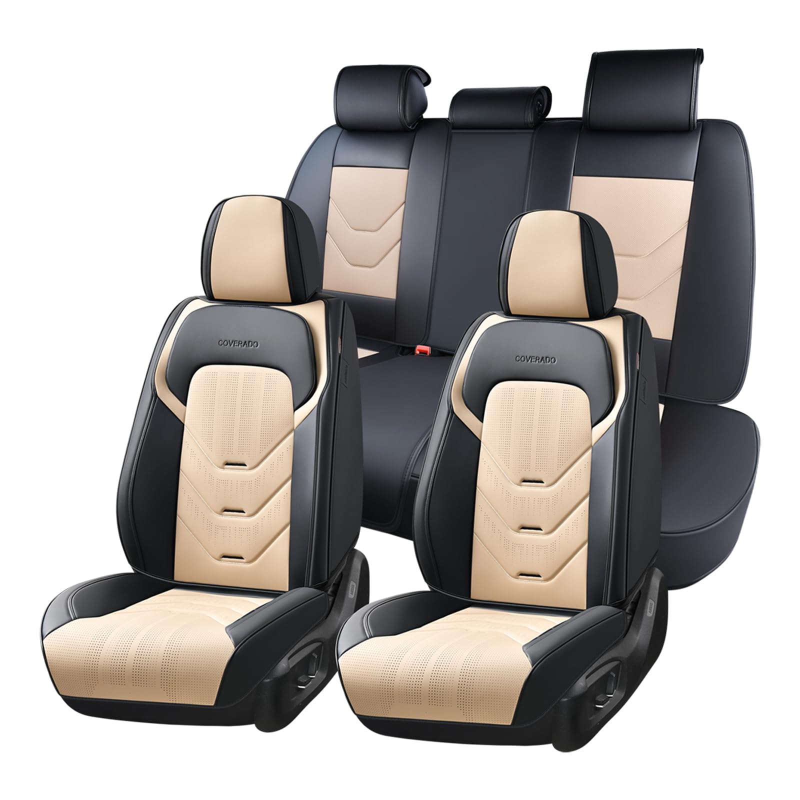 Coverado Car Seat Covers Full Set, Leather Seat Cover for Car, Front and Back Seat Covers, Black &amp; Beige Car Seat Protector, Waterproof Car Seat Cushion Automotive Seat Cover Universal for Most Cars