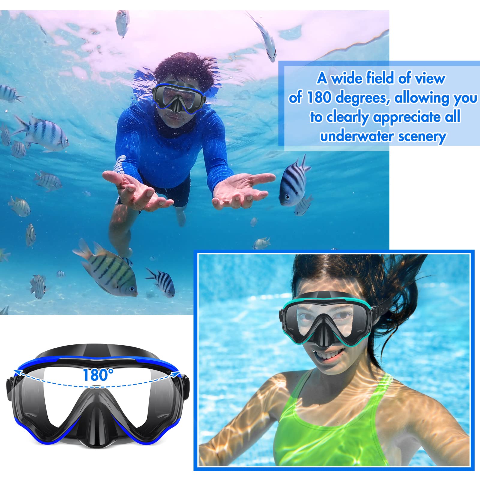 Sherr Confezione da 6 mascherine da nuoto per adulti, con copertura per il naso, anti appannamento, con lente in vetro temperato, maschera da snorkeling per uomini e donne, giovani e adulti