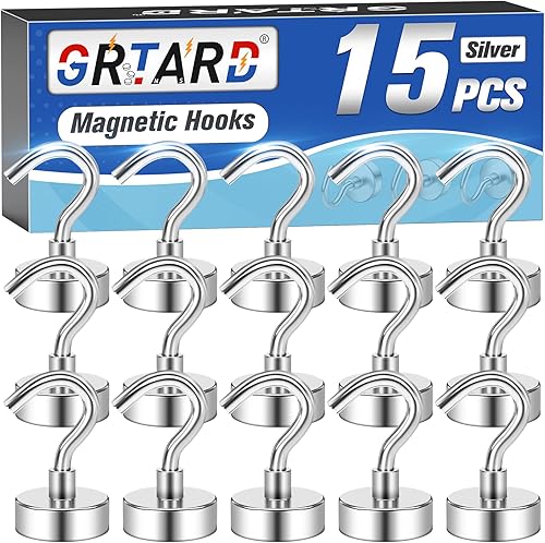Grtard Paquete de 15 ganchos magnéticos resistentes, imanes de neodimio fuertes de 25 libras con ganchos para colgar, refrigerador, hogar, cocina,