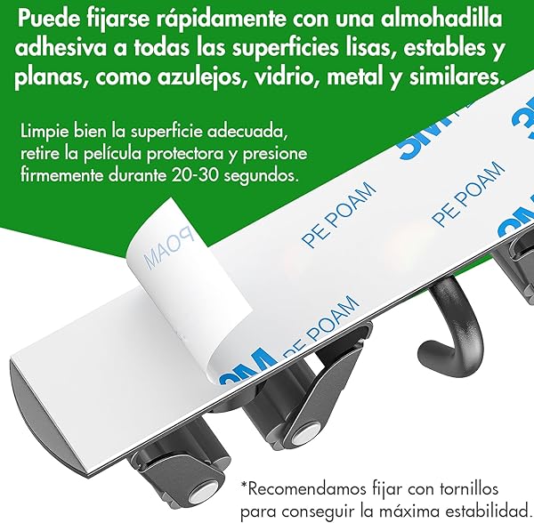 Radikor Colgador Escobas y Fregonas, Soporte Escobas Pared Adhesivo con 3 Soportes y 2 Ganchos, Sujeta Escobas Pared Atornillable, Portaherramientas de Jardín, Soporte para Fregona Escoba, Negros - 4