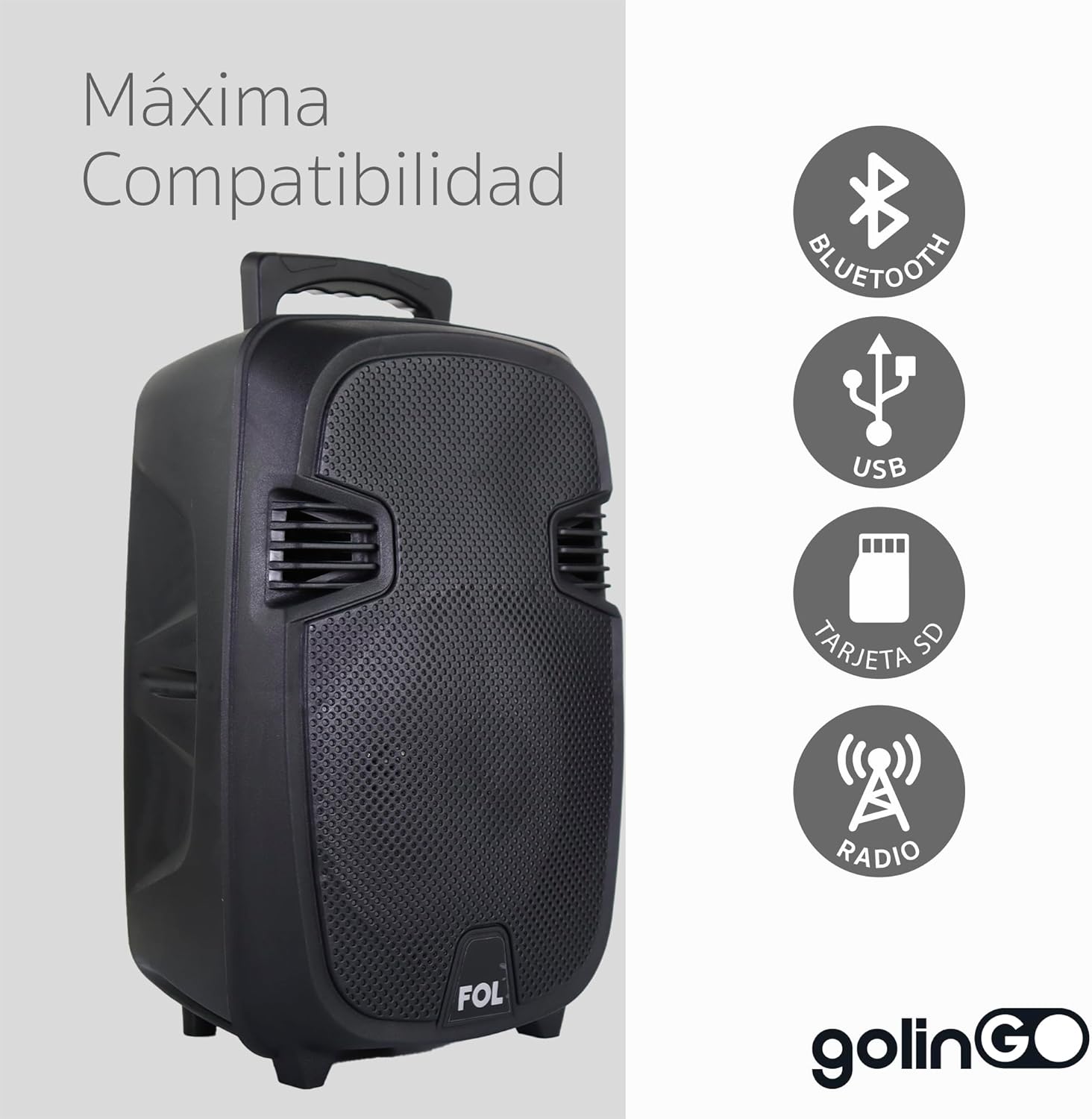 Icons representing maximum compatibility: Bluetooth, USB, SD Card, Radio