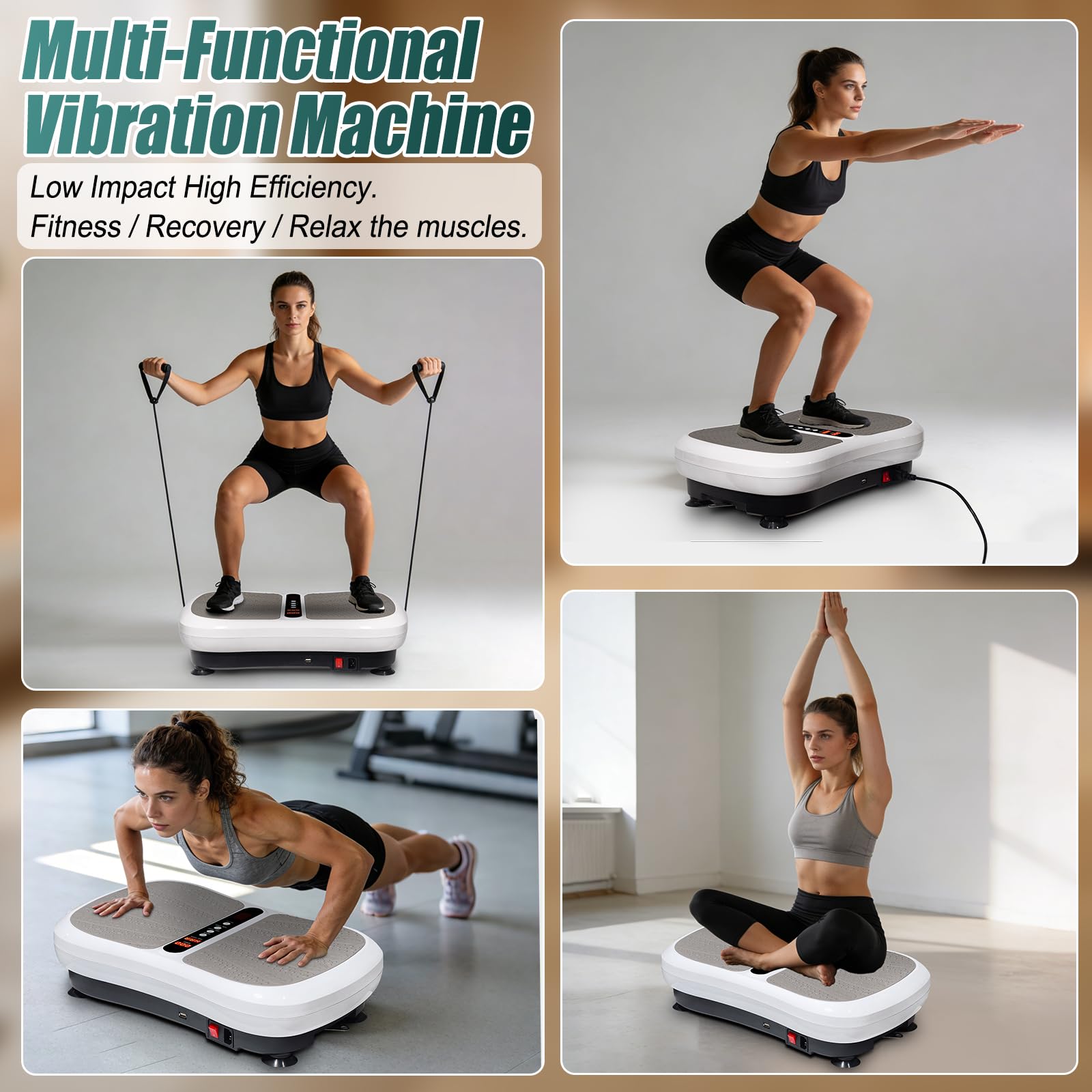 Triclicks Fitness Plataforma Vibratoria Ultra Slim, Plataforma de Vibración con Altavoces Bluetooth + Reproductor de Música USB + 180 Niveles+2 Bandas de Entrenamiento