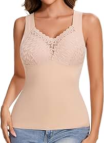 Regata térmica feminina, sem costura, forrada com lã e com detalhes em renda, camisola modeladora ultramacia e quente para o inverno, para uso diário (EUA, Alpha, GG, Regular, Regular, Nude)