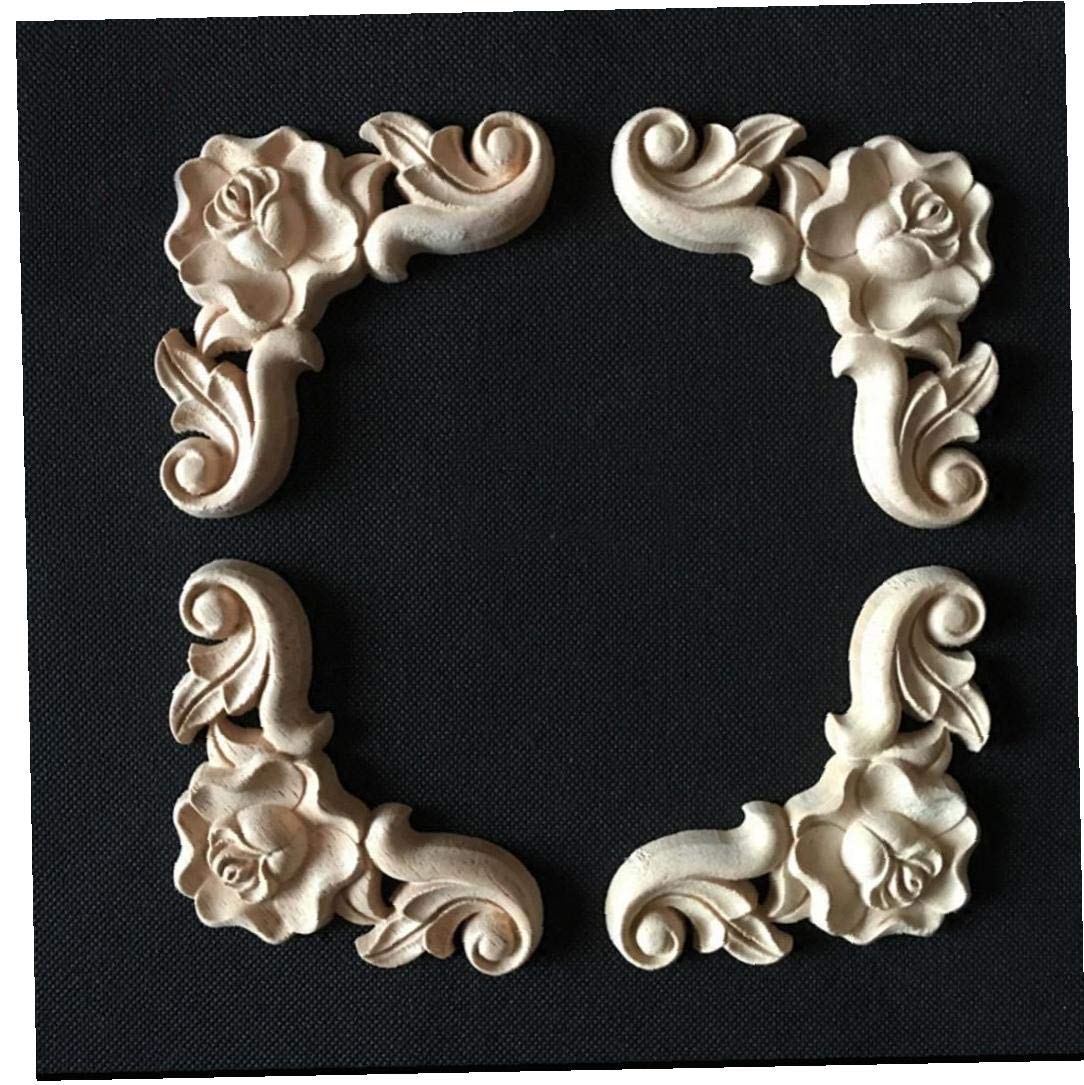 Byfri Red Oak 4Pcs Wood Carved Mouldings Corner Applique Onlay For Furniture Home Door Decal