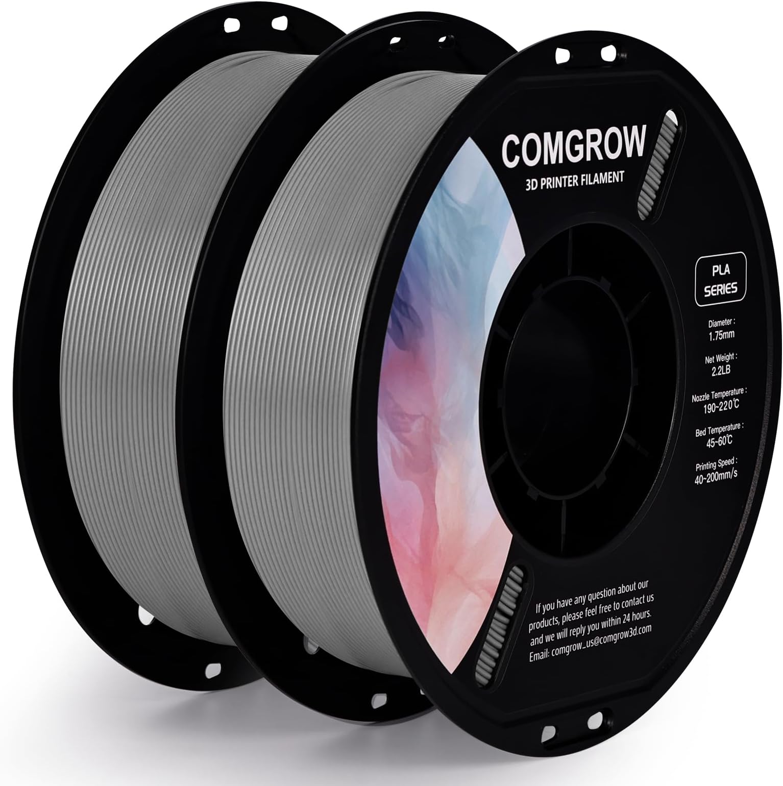 Comgrow PLA 3D Printer Filament, 3D Printer PLA Filament 1.75mm, Dimensional Accuracy +/- 0.02 mm, 2 Rolls of 1KG Spool PLA Grey