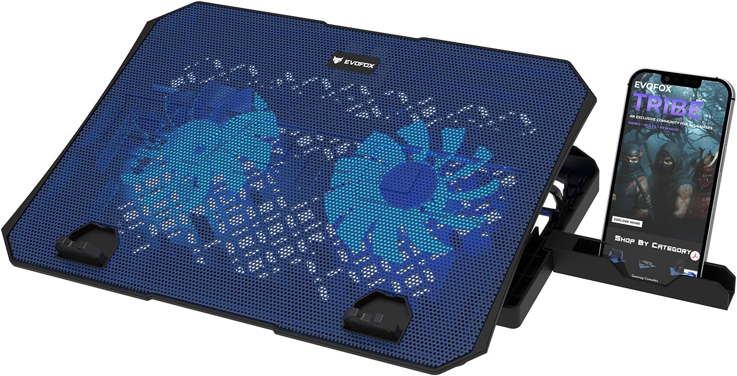 EvoFox Frost Cooling pad with Silent Fans, 5 Adjustment Level, Silicon Pads, Iron mesh and Blue LED Lights, 2 USB Ports, laptops Upto 15.6 inches (Black)