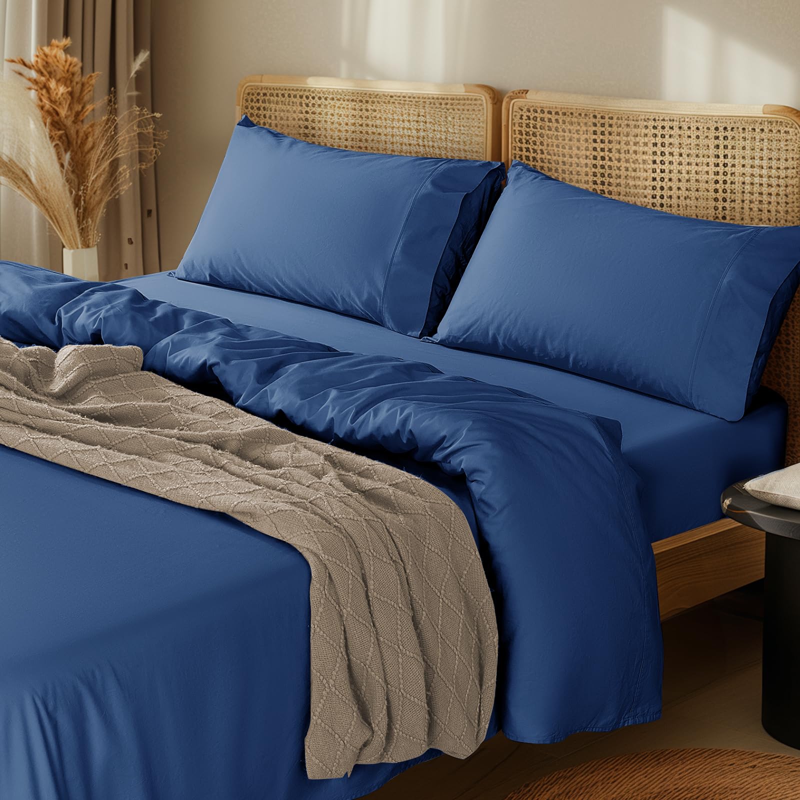 LBRO2M 1000 Thread Count 100% Cotton Sheets Set,King Size Bed Sheet 4 Piece Sets,Long Staple,16 Inches Deep Pocket,All Season,Bedding Super Soft Comforterble Breathable,Sateen (Navy Blue)