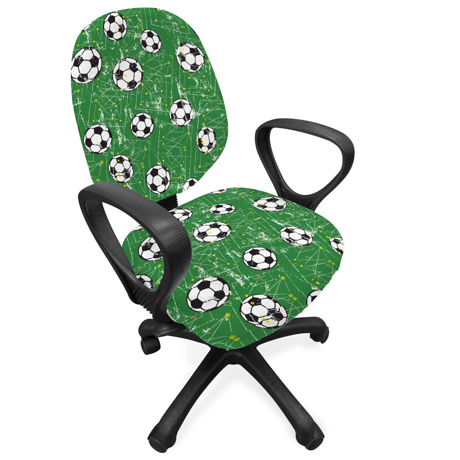 Lunarable Soccer Office Chair Slipcover, Grunge Arrangement with Football Field Weathered Design Green Backdrop, Protective Stretch Decorative Fabric Cover, Standard Size, White Black