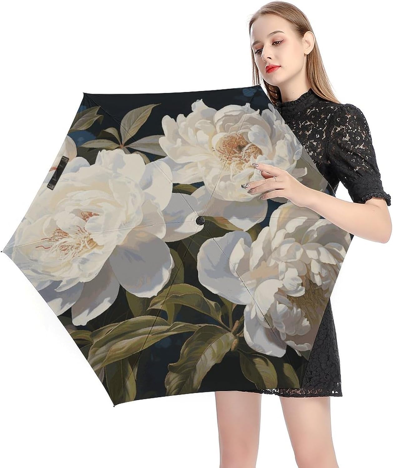 White Peony Umbrella, Strongest Windproof 5-Fold Travel Umbrellas, Premium Portable Folding Umbrella for Rain & Sun, Compact Umbrellas for Purse Backpack, Outdoor & Gifts