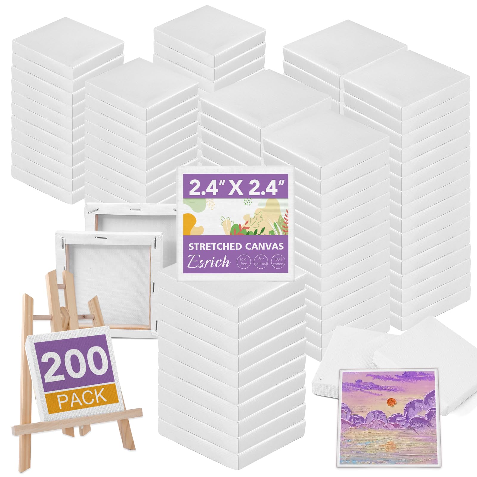 ESRICH Mini-Leinwände zum Malen, Mini-Leinwand, Großpackung mit 200 Stück, 6,1 x 6,1 cm, 1,2 cm Profil, kleine quadratische Leinwand, leere Leinwände sind ideal für Schulprojekte und Kindergeburtstage
