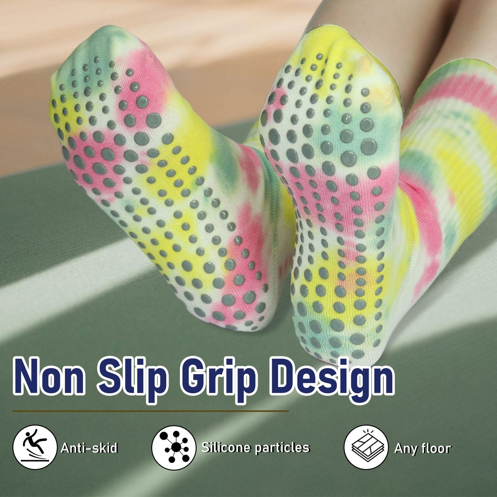 Dexspoeny 3 Pack Pure Cotton Grippy Socks, Non Slip Yoga Socks Womens, Pilates Socks with Grips, Non Skid Barre Socks for Women,Tie Dye Grip Socks Men
