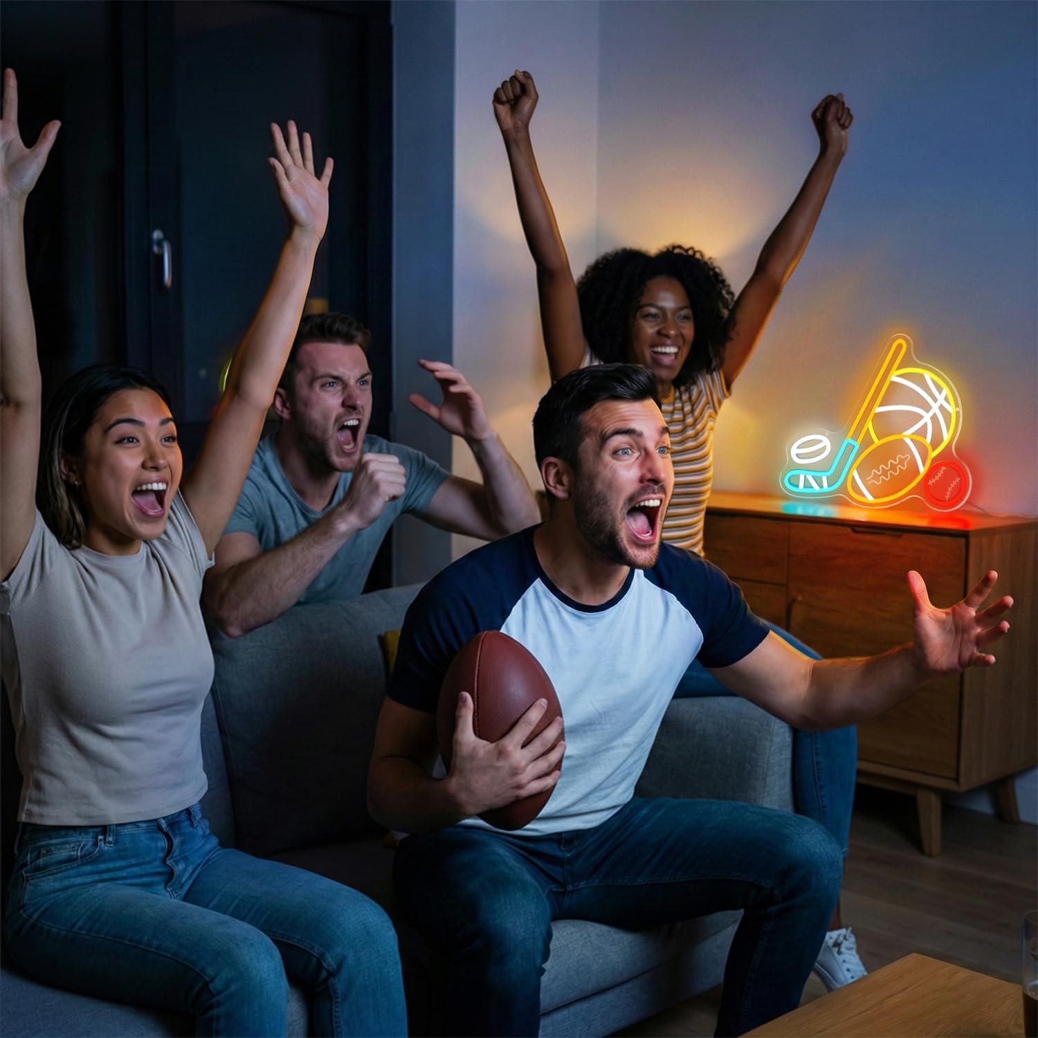 Sport Ball Combination Neon Sign,﻿Ice hockey Basketball Baseball Football Neon Light Wall Decor,USB Powered Dimmable Sports Wall Decor for Game Room,Man Cave,Sports Themed Bedroom Decor for Boys