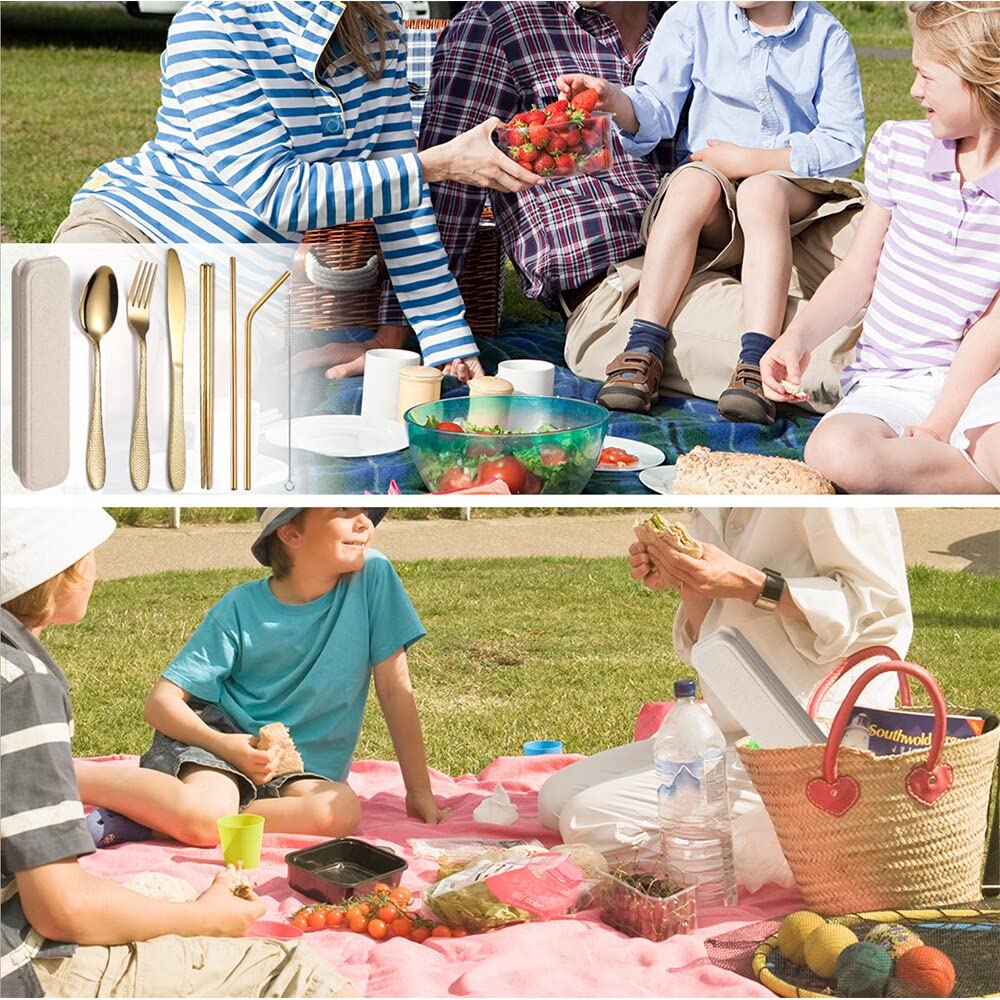 Tragbares Besteck-Set mit Box, Edelstahl, Essstäbchen, Gabel, Löffel, Grasmesser, Grasbürsten-Set, Reisen, Camping, Schule, geeignet für 7-teilig (Color : 7Rose Golden) (7pcs Silvery)