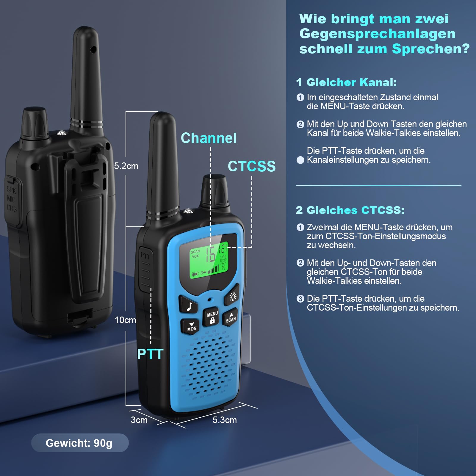 Walkie Talkie Kinder 4er Set, Walky Talky mit 1200mAh Aufladbar Akku, Große Reichweite 5km Walki Talki mit Li-ion Akku, Funkgeräte mit 16 Kanäle für Camping, Freien, Wandern