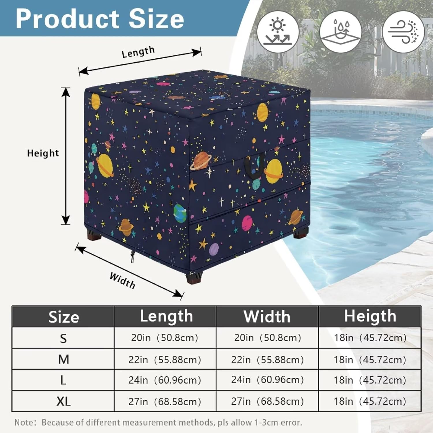 Square Patio Ottoman Cover,Galaxy Waterproof Outdoor Ottoman With Handles, Heavy Duty Side Table Cover, Size 22L x 22W x 18H inch