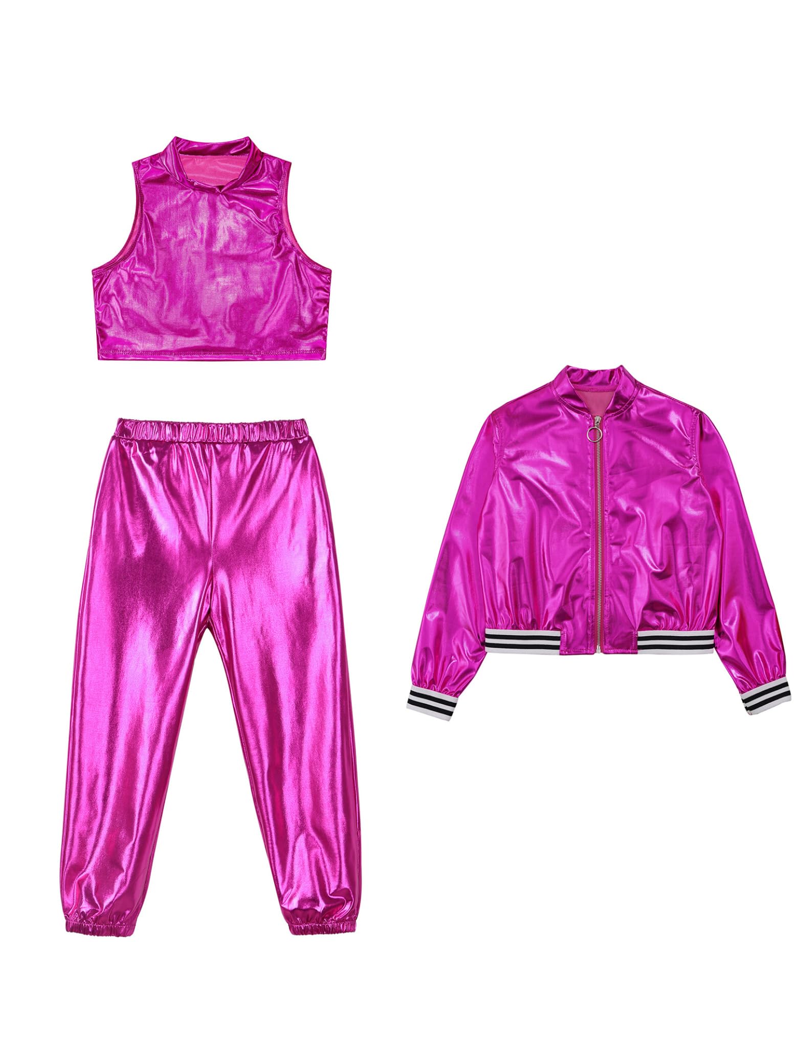 Bambina Tuta da Hip Hop Street Dance Set 2 Pezzi Giacca Sportiva con Zip Capotto + Crop Top + Pantaloni Lucidi Ginnastica Tracksuit Jogging