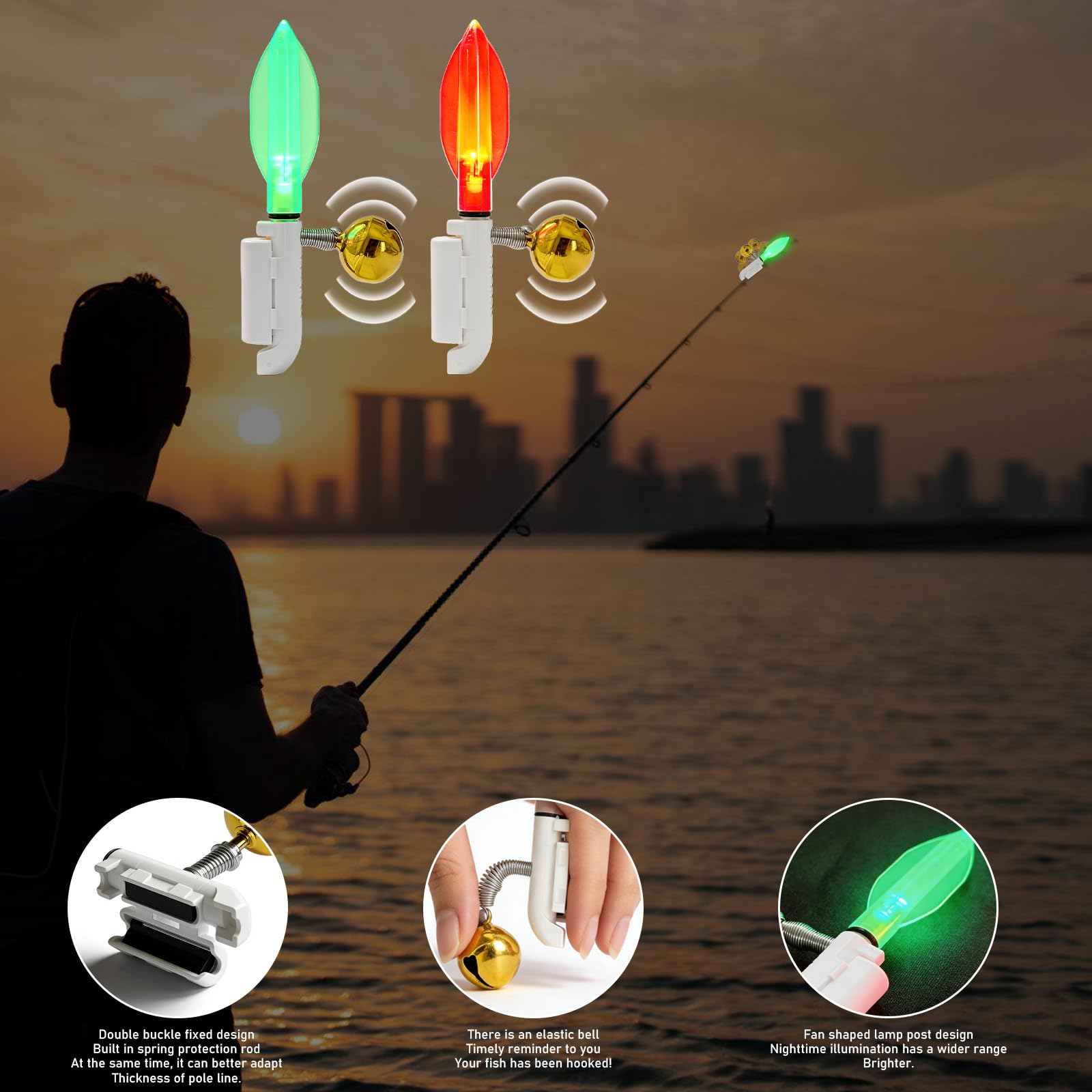 GBKDQQ 6 indicatori di abboccata per pesca, campanello di allarme, luci a LED, impermeabili, con fibbia, indicatore di abboccamento per canna da pesca (caricatore e batteria)
