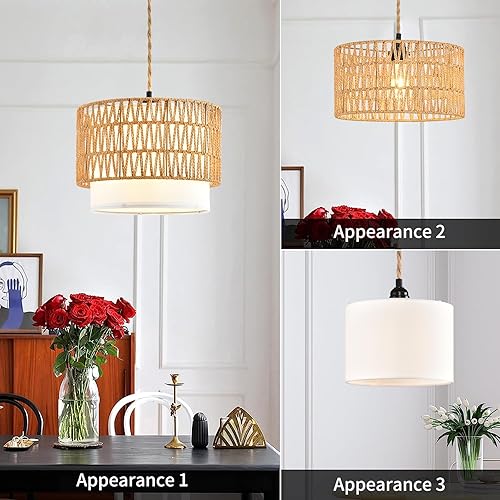 Miniatura 4 de Lámpara colgante bohemia de ratán con cable de enchufe, lámpara colgante de interior con interruptor de atenuación, pantalla de mimbre tejida de