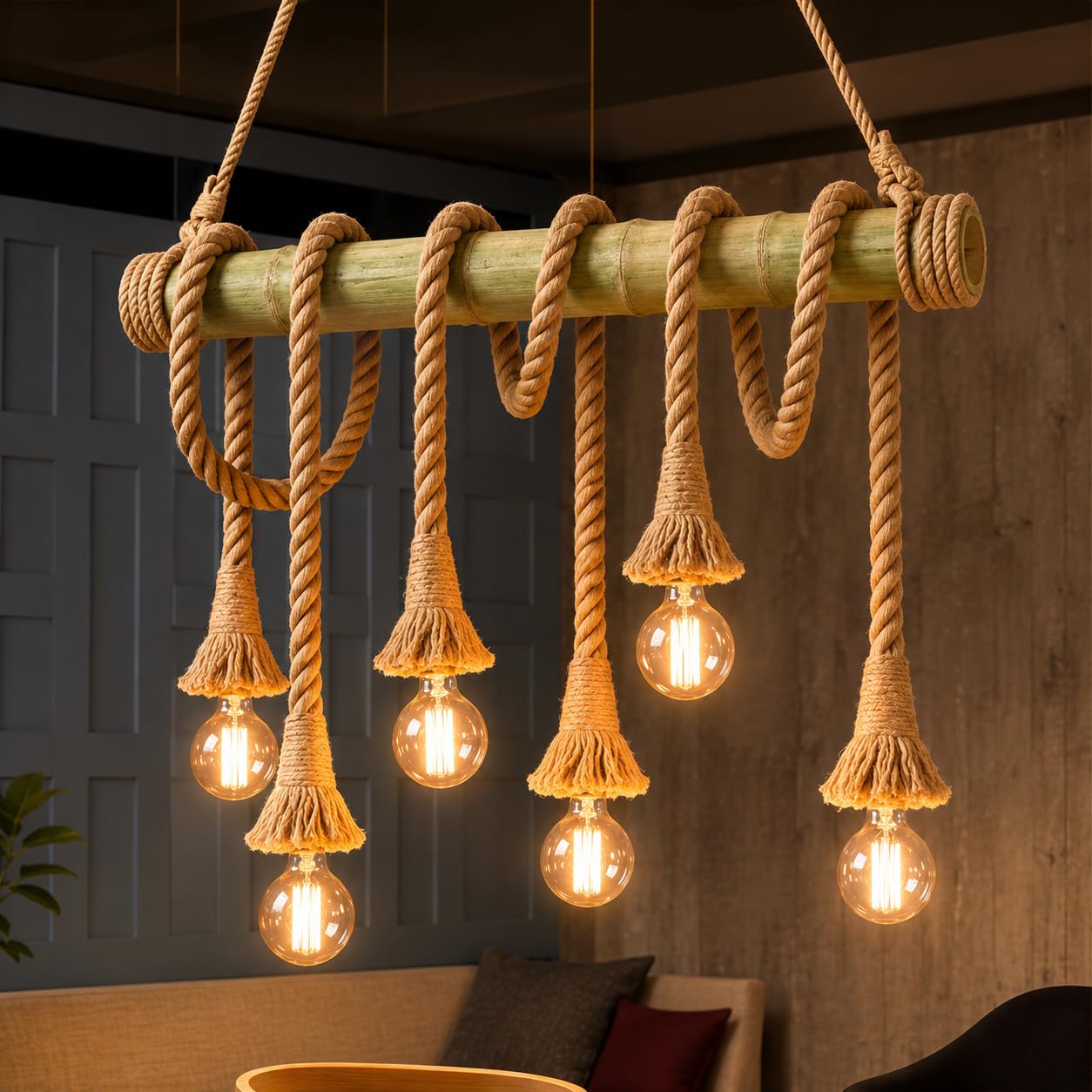 ONSSI® Lámpara Colgante de Bambú Natural,Lámpara de Techo Vintage Rústica con 6 Portalámparas E27,Diseño de Cuerda de Cáñamo Ajustable,para Comedor,Salón,Bar,Cafetería y Restaurante (Sin Bombillas)
