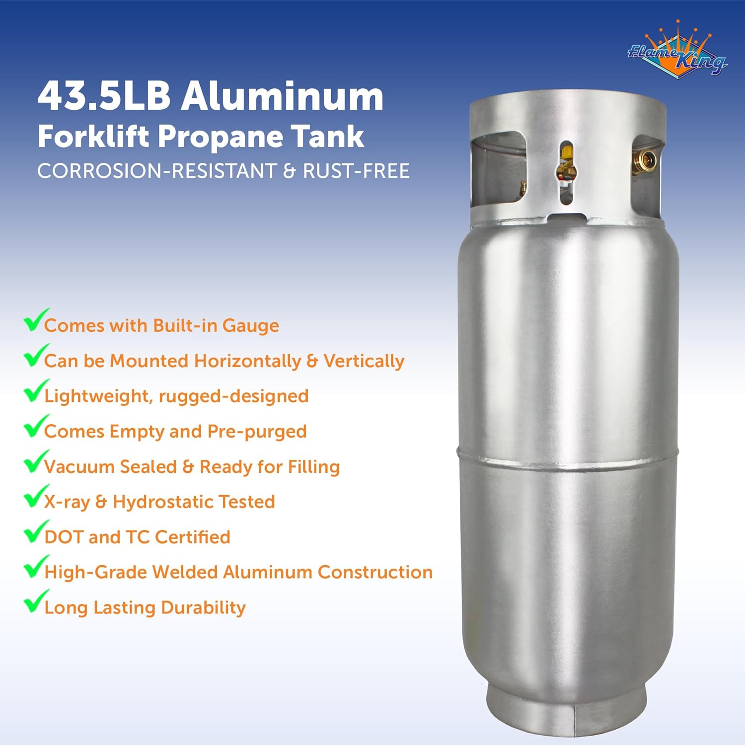 Flame King 43.5LB Aluminum Forklift Propane Tank with Gauge, Corrosion-Resistant and Rust-Free, DOT and TC Compliant, Lightweight, Rugged-Designed