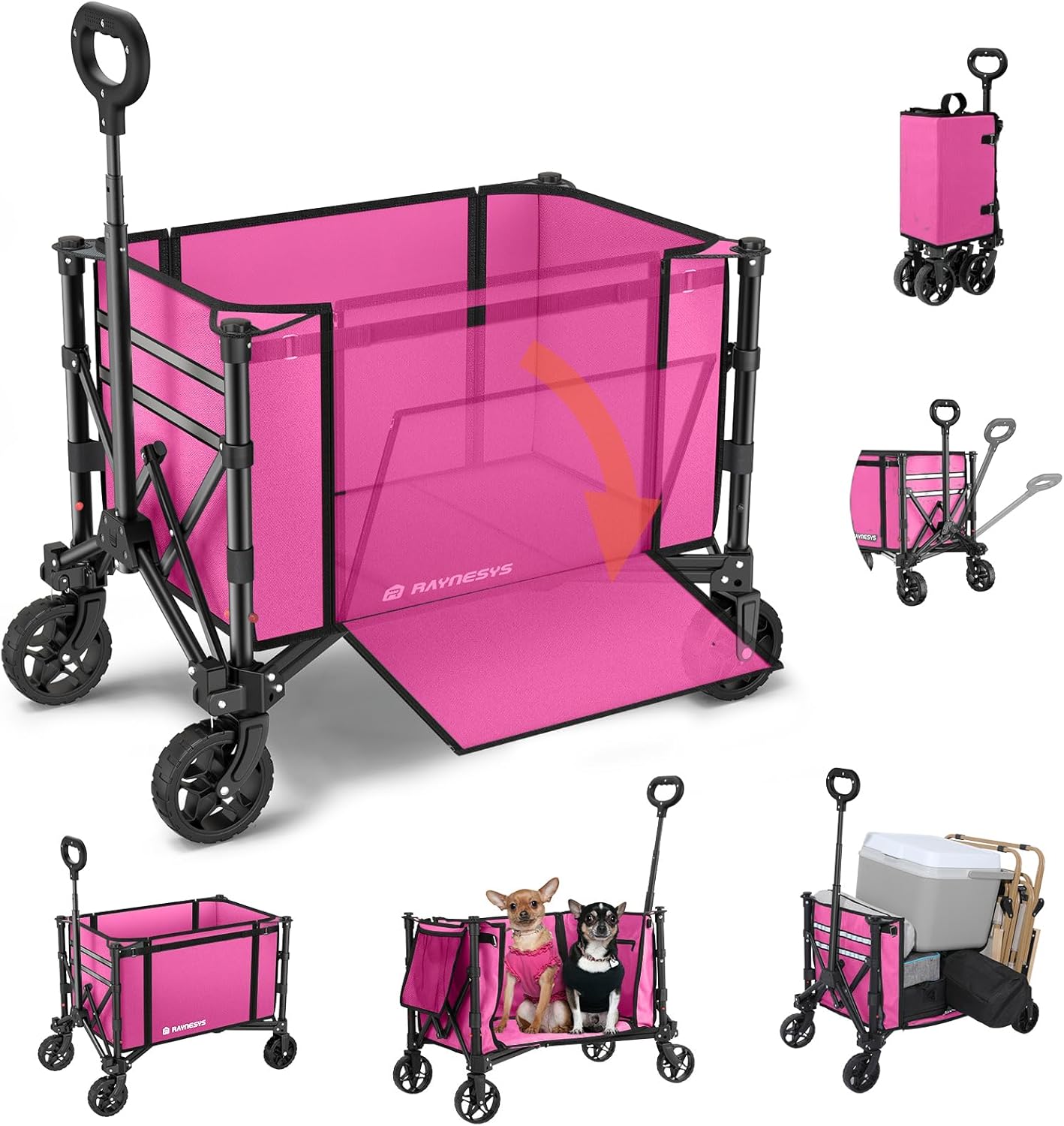 Raynesys 3-in-1 Collapsible Folding Wagon Cart Converts to Bench, 220lbs 120L Capacity, All-Terrain Wheels - Pink Utility Wagon for Beach, Garden, Camping