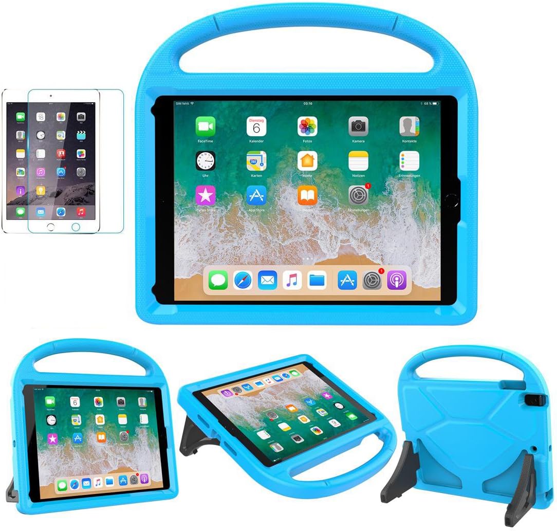 Suplik iPad Eva Rubber 9.7 2018/2017 / Air 1/2 / Pro 9.7 Case for Kids - SUPLIK Duable Shockproof Protective Handle Bumper Stand Cover with Screen Protector for iPad 9.7 inch 5th/6th Generation, Blue